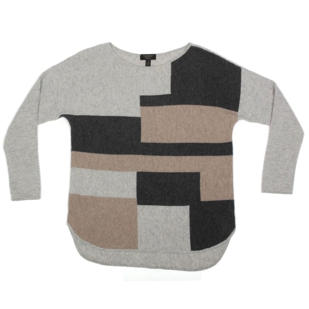 CHARTER CLUB 100% Cashmere Gray Mondrian Blocks Boatneck Sweater Womens sz M 050